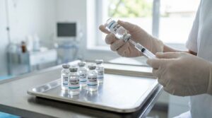 Vårdpersonal förbereder vaccinspruta på vårdcentral