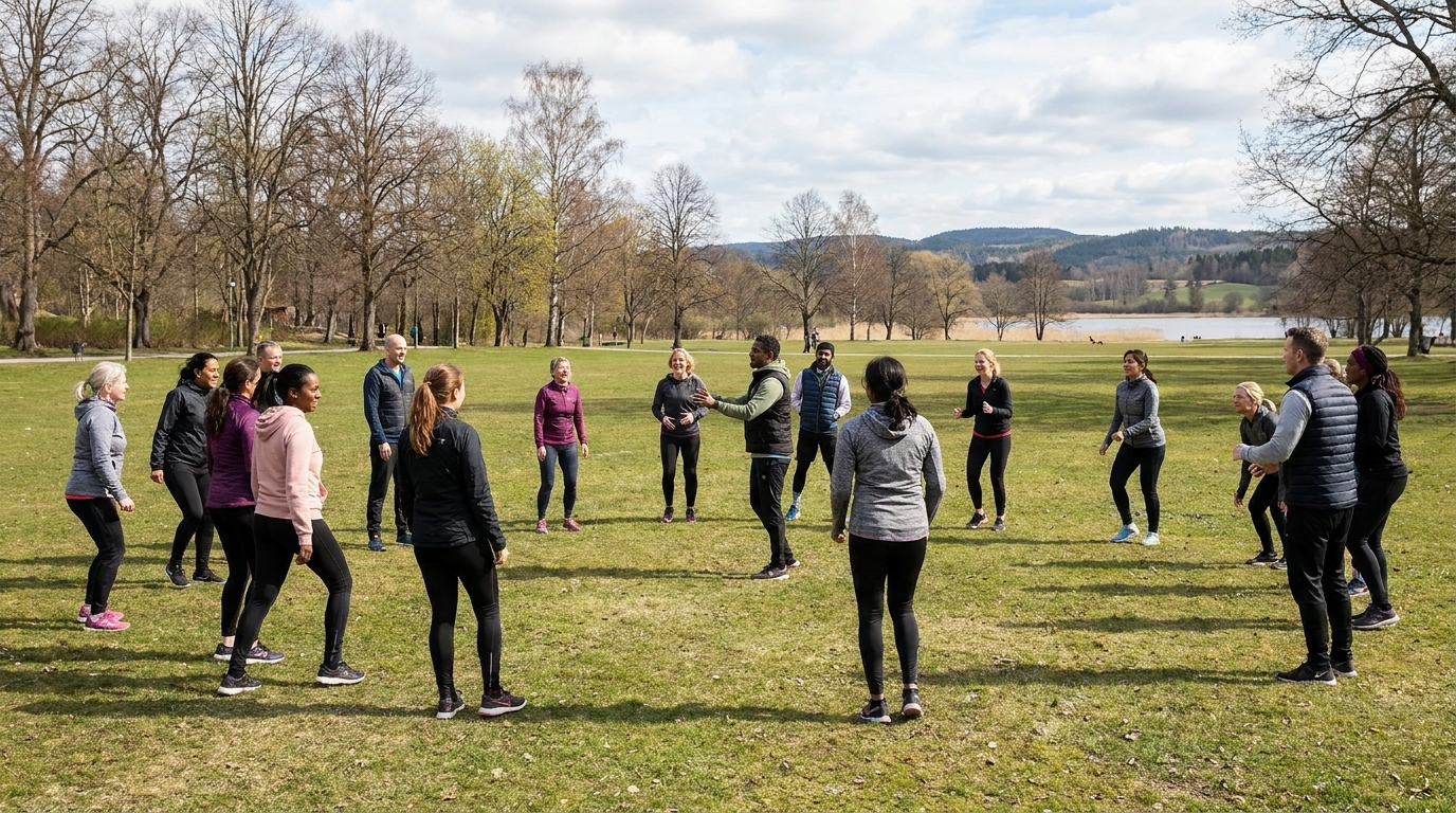 Människor tränar tillsammans utomhus i en svensk park för att främja psykisk hälsa