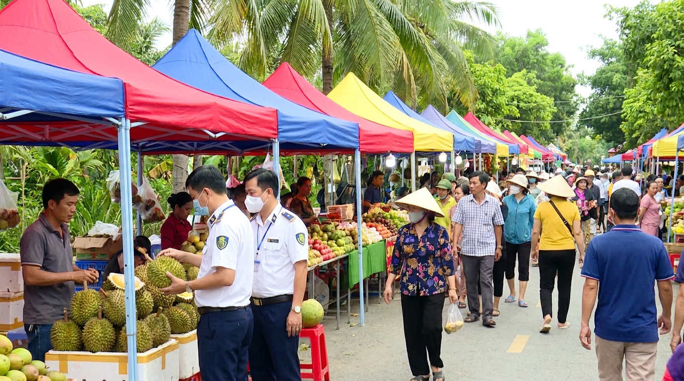 Durianfestival i Vietnam med marknadsstånd och besökare