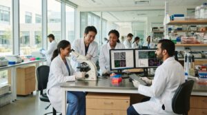 Forskare samarbetar i modernt medicinskt laboratorium med fokus på global hälsa